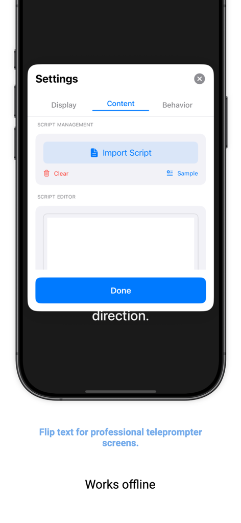 Teleprompter & Script Reader - Interface showing script management settings and editor in the teleprompter app