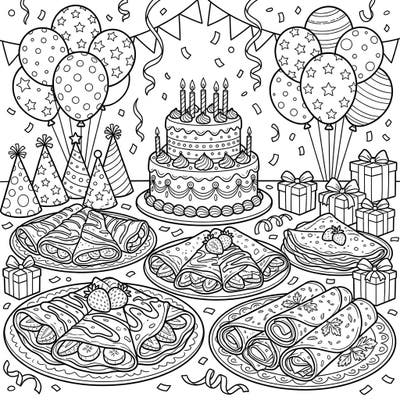 Get ready for a delicious celebration with this vibrant birthday party crepes coloring page! It features a festive spread of delightful crepes, a birthday cake, and party decorations, perfect for a fun coloring session.