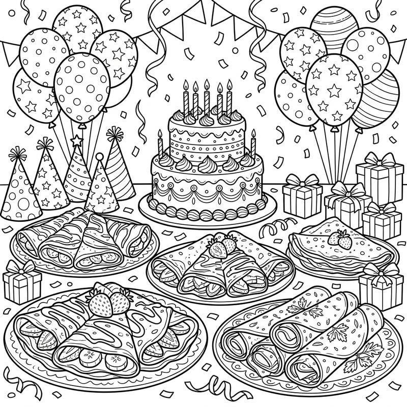 Get ready for a delicious celebration with this vibrant birthday party crepes coloring page! It features a festive spread of delightful crepes, a birthday cake, and party decorations, perfect for a fun coloring session.