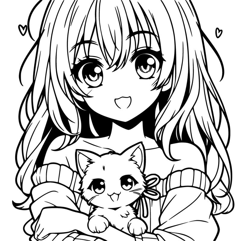 anime girl holding a kitten