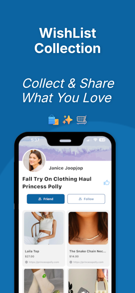Pantalla móvil de la app WishList mostrando una colección curada de moda titulada 'Probadores de Otoño: Ropa'