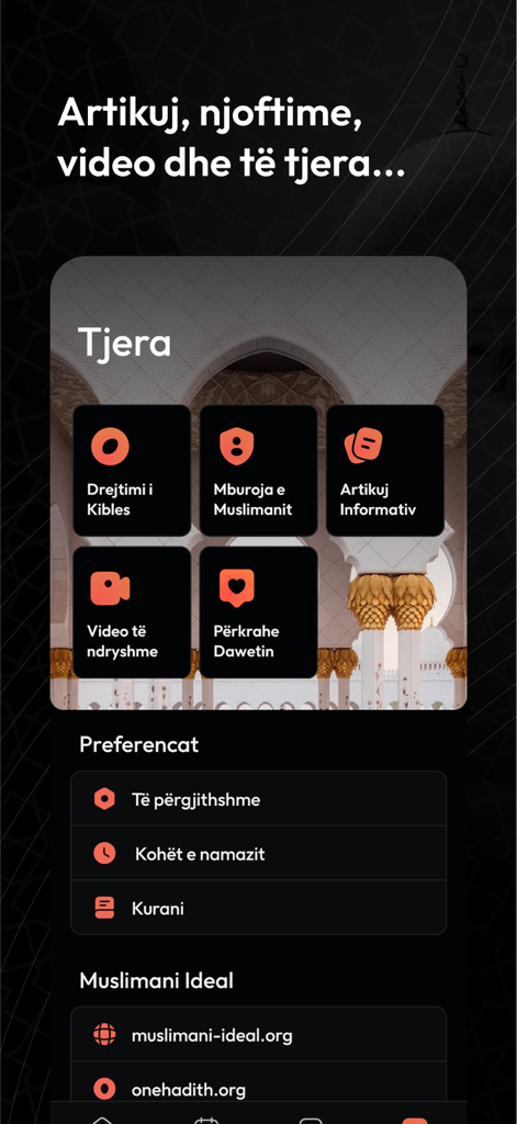 Muslimani Ideal - Muslimani Ideal app interface showing various features including Qibla direction, informative articles, and prayer time preferences in Albanian.