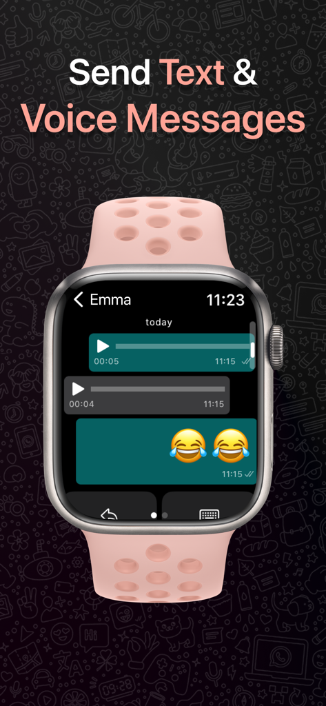 Apple Watch screen showing a WhatsApp chat with voice messages and emojis using WatchApp plus