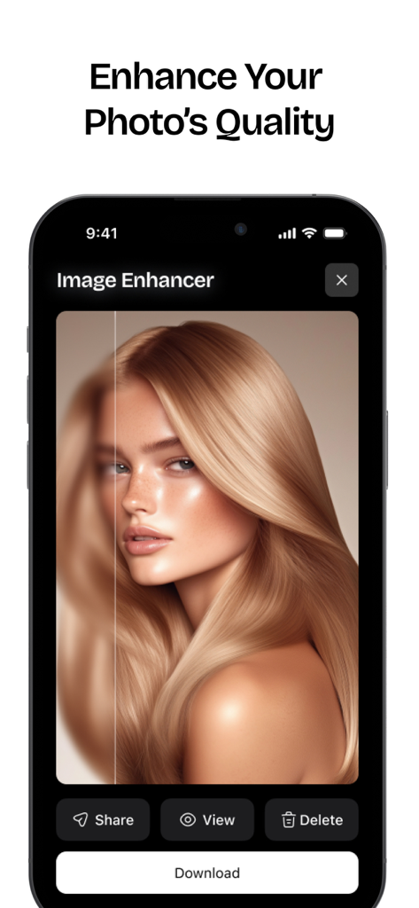 Image Upscaler - AI Upscale - AIテクノロジーを使用してポートレート写真を高画質化しているImage Upscalerアプリを表示するスマートフォンの画面