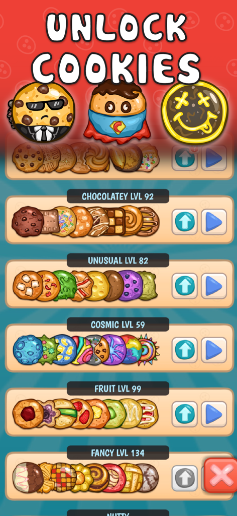 Cookies Inc. - Idle Tycoon - Una interfaz de juego móvil que muestra varias categorías de galletas desbloqueables como Chocolateadas, Cósmicas y de Frutas con sus niveles correspondientes.