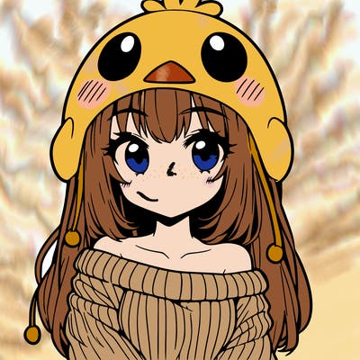anime girl with chick shaped hat with sweater with bare shoulders with bangs covering them one eye with low tail
