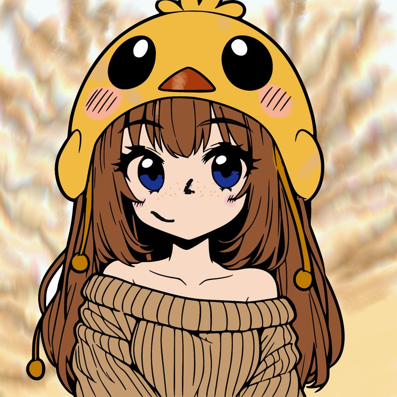 anime girl with chick shaped hat with sweater with bare shoulders with bangs covering them one eye with low tail