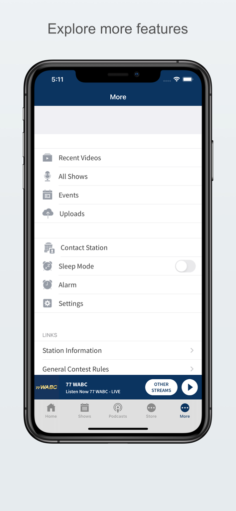 The more menu screen of the 77 WABC app showing settings and radio features