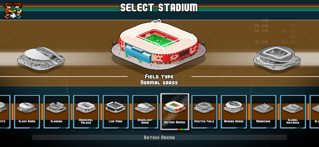 A retro pixel art stadium selection menu in Pixel Cup Soccer Ultimate showing various arena options including Batovi Arena.