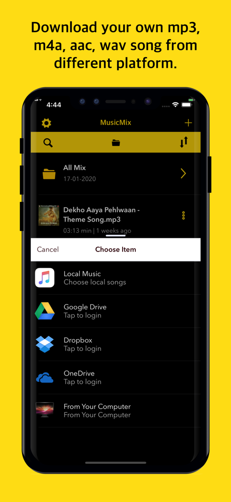 MusicMix - Play music offline - MusicMix app screen showing options to import audio files from local storage Google Drive Dropbox and OneDrive