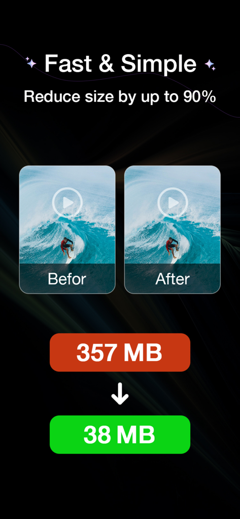 Video Compressor - HQ Compress - Infografik, die zeigt, wie die Größe einer Videodatei von 357 MB auf 38 MB bei gleichbleibend hoher Qualität reduziert wird