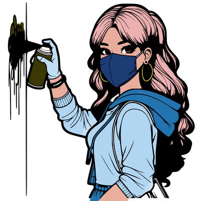 realistic girl with mask spray painting a wall