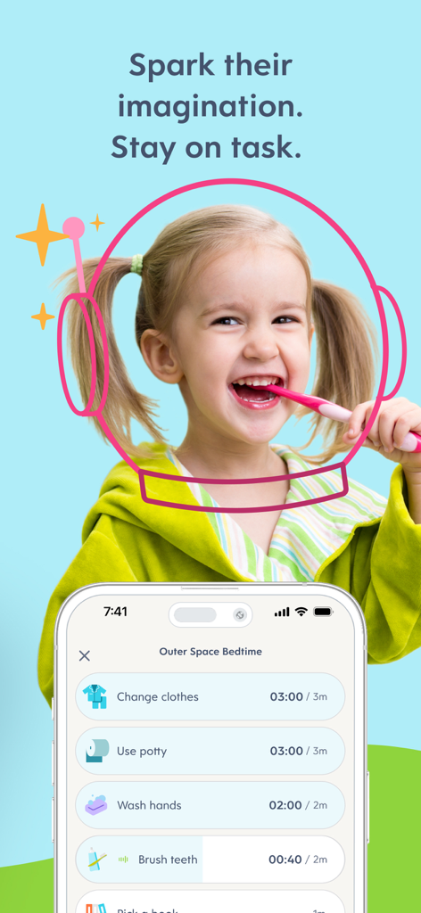 宇宙飛行士のヘルメットのグラフィックと、宇宙をテーマにした就寝時のルーティンが表示されたMagicStepsアプリを持つ若い女の子が歯を磨いている様子。
