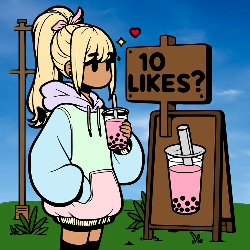 girl with oversized hoodie drinking boba and she has a high ponytail with a sign that says 10likes?