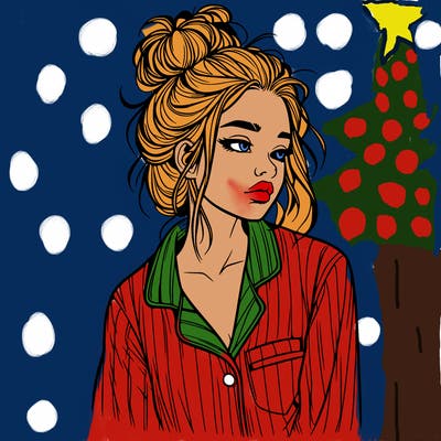 realistic woman with pajamas on and a messy bun