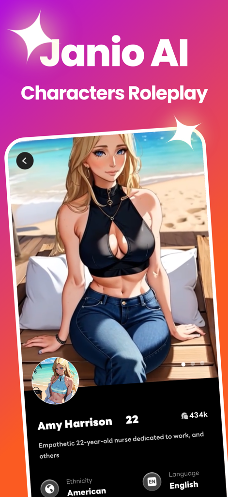 Janio AI - AI Roleplay Chat - Janio AI mobile app interface showing the character profile of Amy Harrison with an anime style illustration