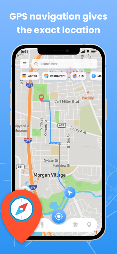 GPS navigation app screen displaying a street map with a highlighted route and a compass icon.
