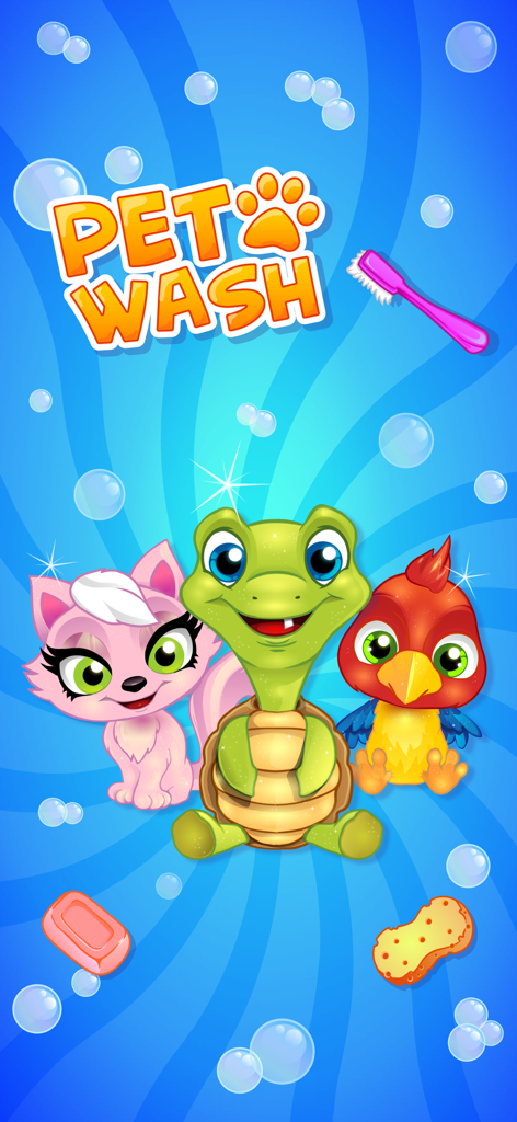 Pet Wash - Pet Wash app intro screen featuring a cartoon cat, turtle, and parrot with grooming accessories.