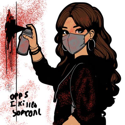 realistic girl with mask spray painting a wall