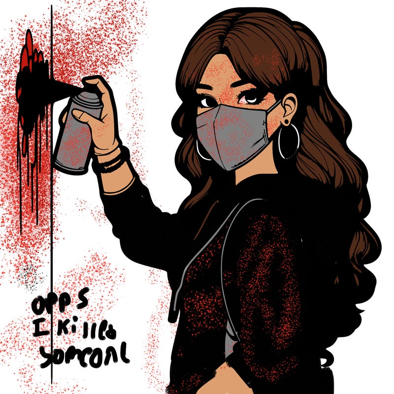 realistic girl with mask spray painting a wall