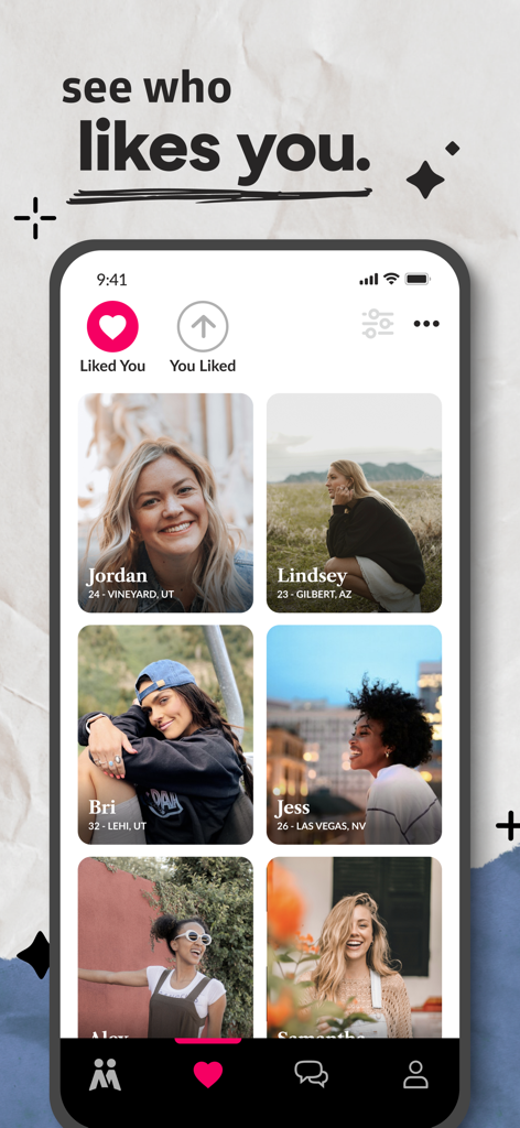 Mutual LDS dating app interface showing profiles of matches in the See Who Likes You section