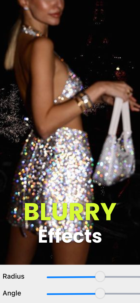 반경 및 각도 편집 슬라이더가 있는 모션 블러 효과와 화려한 반짝이 드레스를 입은 여성