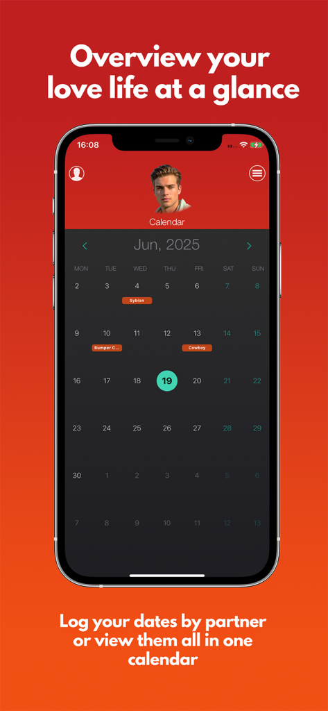 iSexSpinner Kamasutra Premium - isexspinner app calendar showing a monthly overview of intimate activities and logged positions