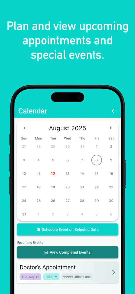 Recollect - Dementia Care - Recollect App Kalender-Bildschirm mit geplanten Arztterminen und besonderen Ereignissen für das Demenzpflegemanagement.
