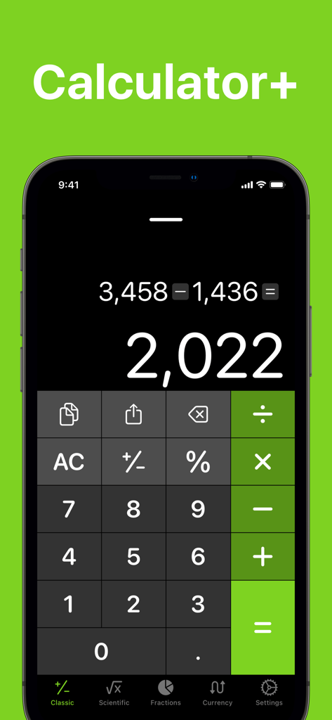 Calculator +ㅤ - L'interfaccia dell'app Calcolatrice Plus su un iPhone che mostra un calcolo matematico di base.
