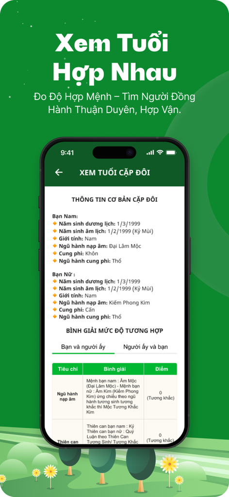 Lịch Âm - Lịch Vạn Niên 2026 - Interfaz de la aplicación de calendario lunar vietnamita mostrando compatibilidad de edad y coincidencia de destino para parejas
