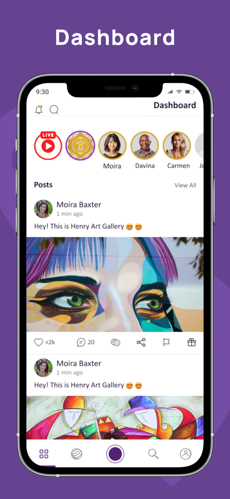 Lively - Lively app dashboard interface showing user profiles and a social media feed with an art gallery post.