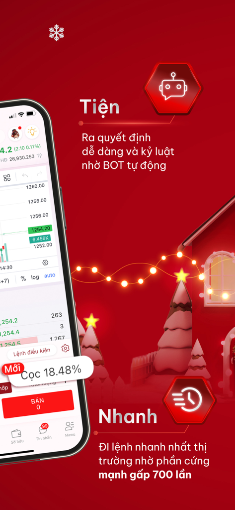 Entrade X by DNSE: Stocks - Interfaz de trading móvil Entrade X que muestra gráficos de acciones y funciones de trading automatizado con bot sobre un fondo festivo