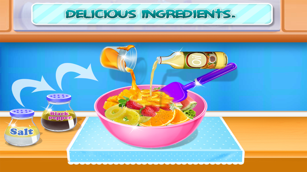 Fruit & Vegetable Salad Maker - A pink bowl filled with fresh fruit and vegetables being mixed with dressing in a cooking simulation game