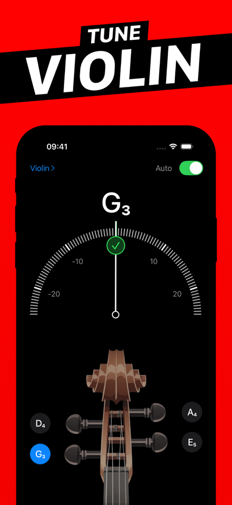 Kalimba Tuner - Kalimba Tuner app interface showing a precise violin tuning screen with a dial and headstock graphic.