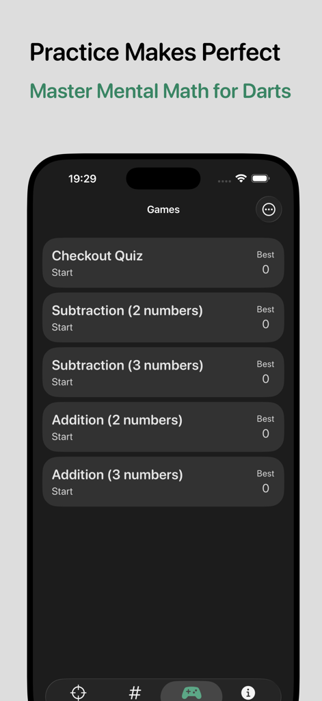 Darts Checkout Scorer - Darts Checkout Scorer training screen showing mental math games for subtraction addition and checkout quizzes