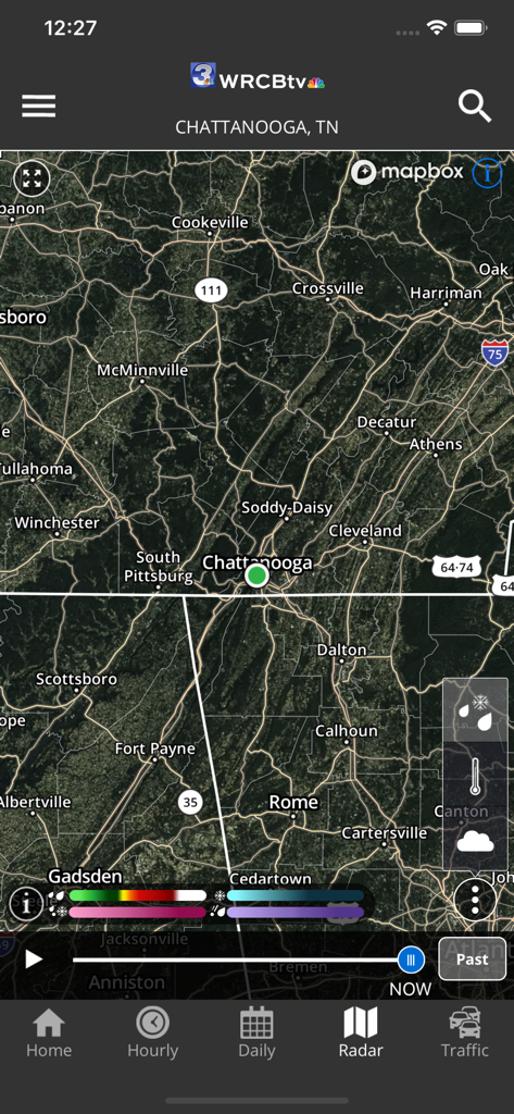 High-resolution weather radar map of Chattanooga and the Tennessee Valley in the Local 3 Weather app.