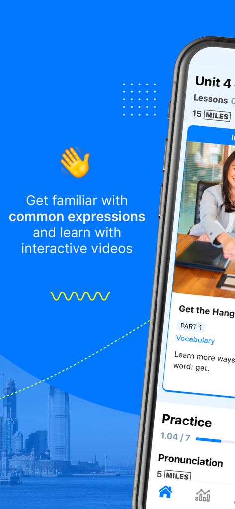 Open English app interface showing interactive video lessons and vocabulary practice for common expressions.