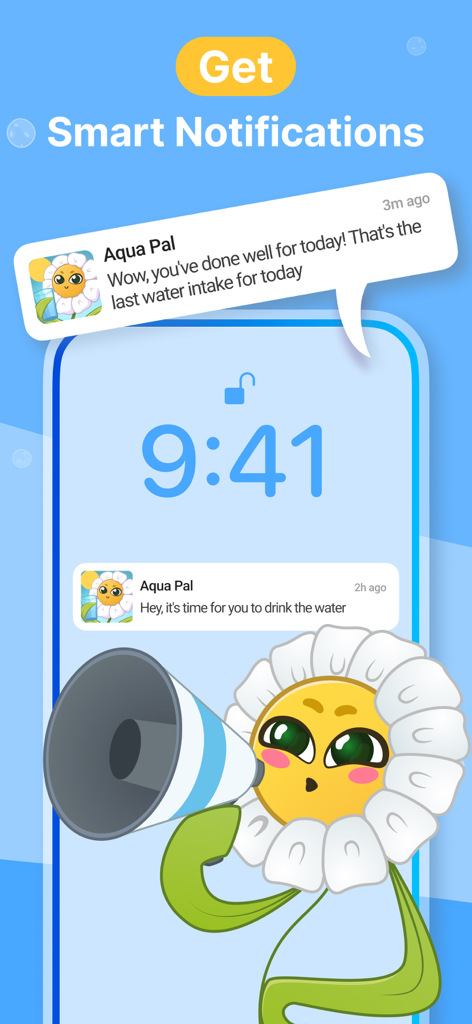 Aqua Pal: Water Tracker - Aqua Pal app displaying smart hydration notifications on a phone screen with a cute flower mascot mascot using a megaphone