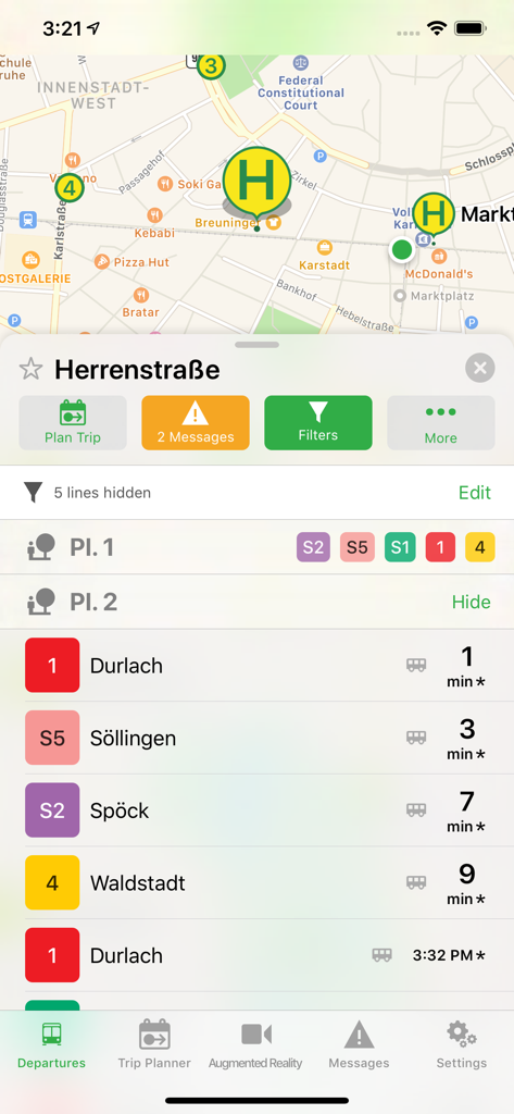 Aplicación Departures Live que muestra salidas de tránsito en tiempo real y vista de mapa