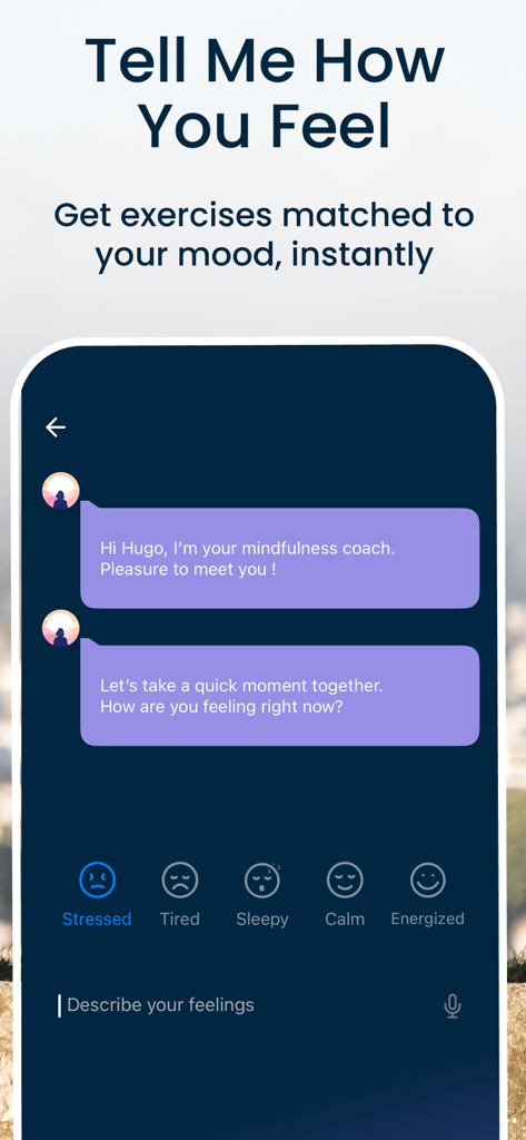 Begin: Meditation & Sleep - A mobile app interface asking the user how they feel with various mood icons for personalized mindfulness exercises.