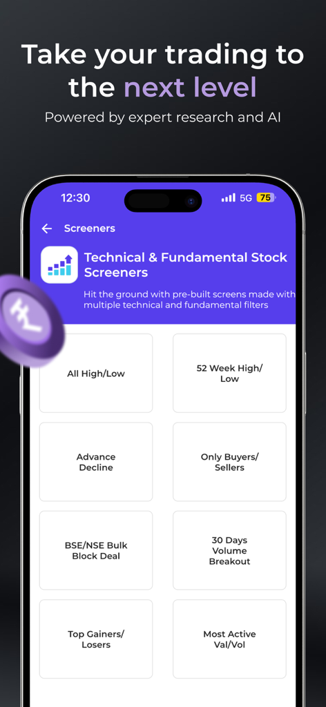 Interfaz de la aplicación StoxBox mostrando screeners técnicos y fundamentales de acciones como Top Gainers y 52 Week High