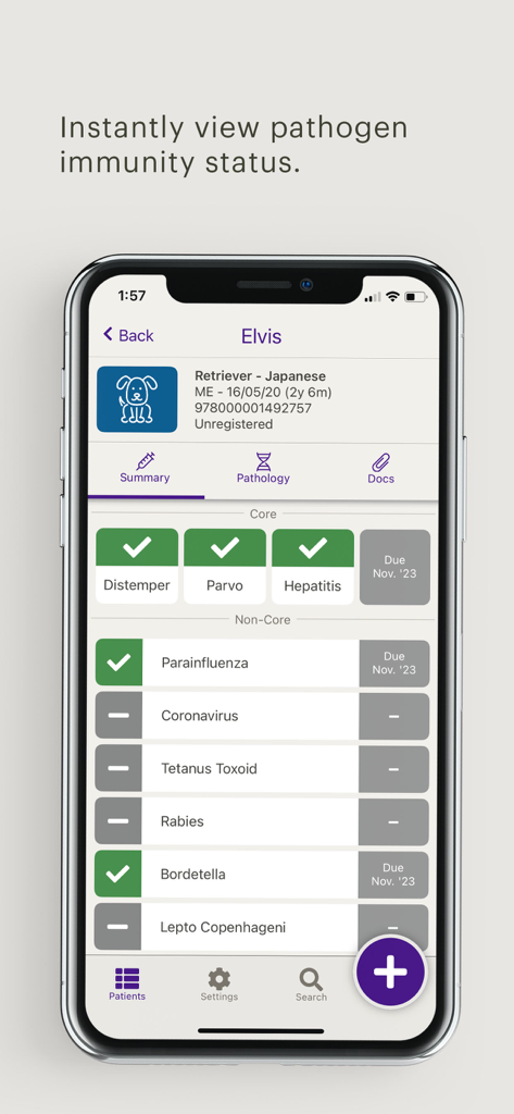 A mobile screen from the Vedi app showing a dog's pathogen immunity status and vaccination history.