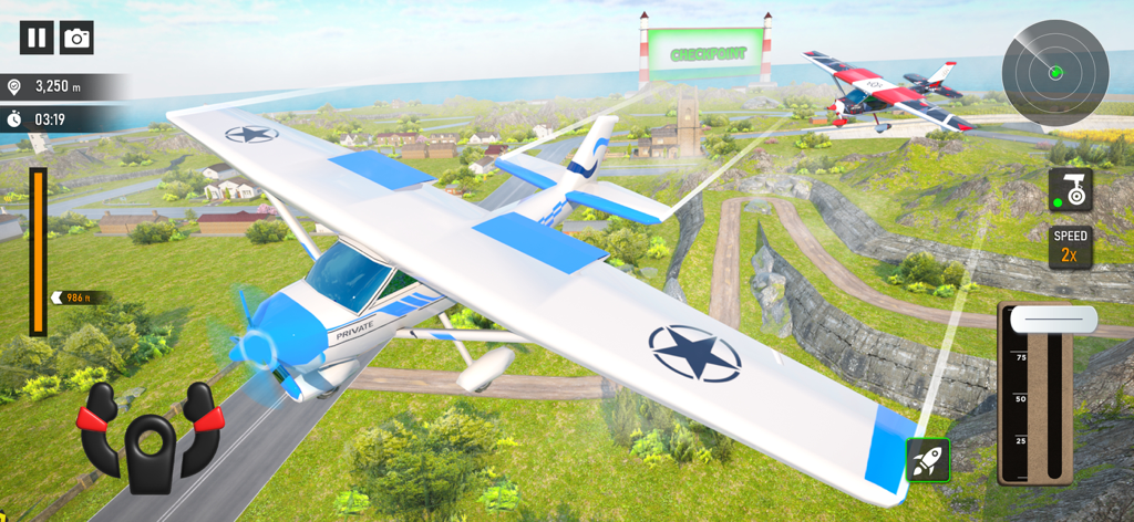 Flight Pilot Airplane Games 23 - A white and blue propeller plane flying towards a green checkpoint sign in a flight simulation game.