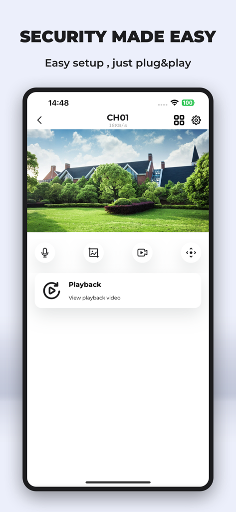 Zosi Smart - Zosi Smart app displaying a live security camera feed of a home exterior with playback controls