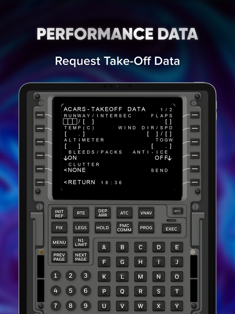 Boeing 737 FMS Trainer interface showing the ACARS takeoff data request page on a simulated Flight Management Computer screen