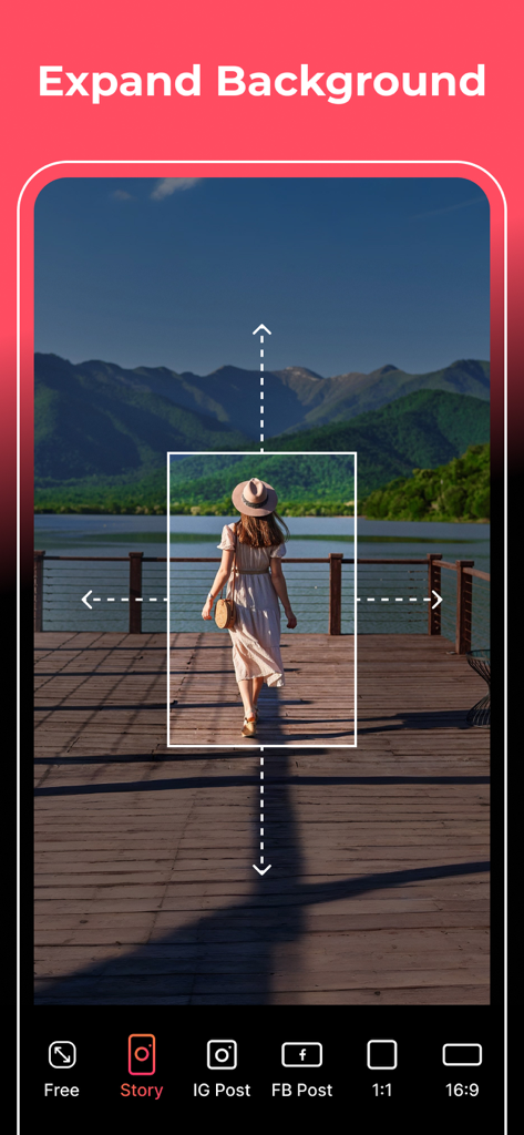 A woman on a pier with mountains in the background being edited using the AI background expansion feature for an Instagram Story.