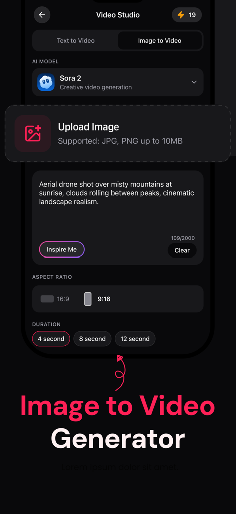Video3: AI Video Generator - User interface of Video3 app showing image to video generator settings including AI model selection and prompt input.