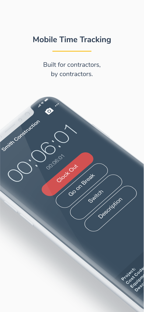 Smartphone screen showing the busybusy mobile time tracking interface for contractors with buttons to clock out or go on break