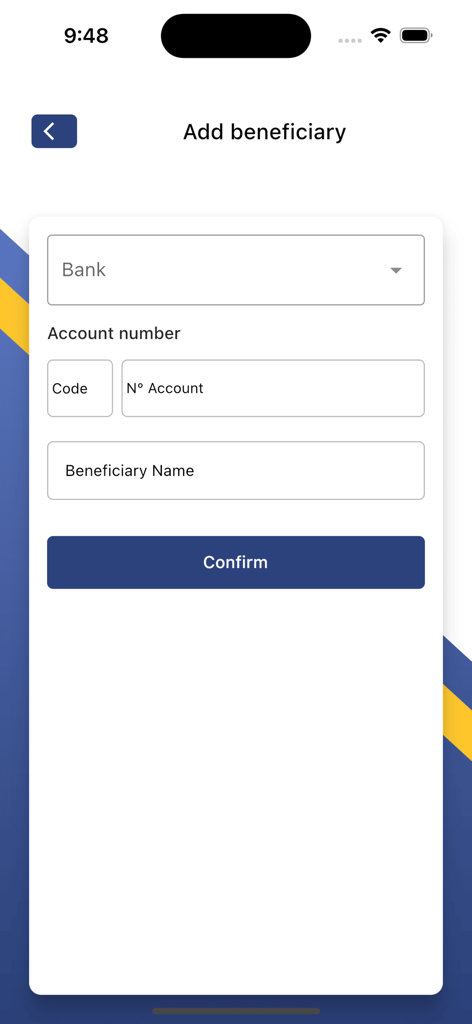 TrustBank PLC - Add beneficiary form in the TrustBank PLC mobile app