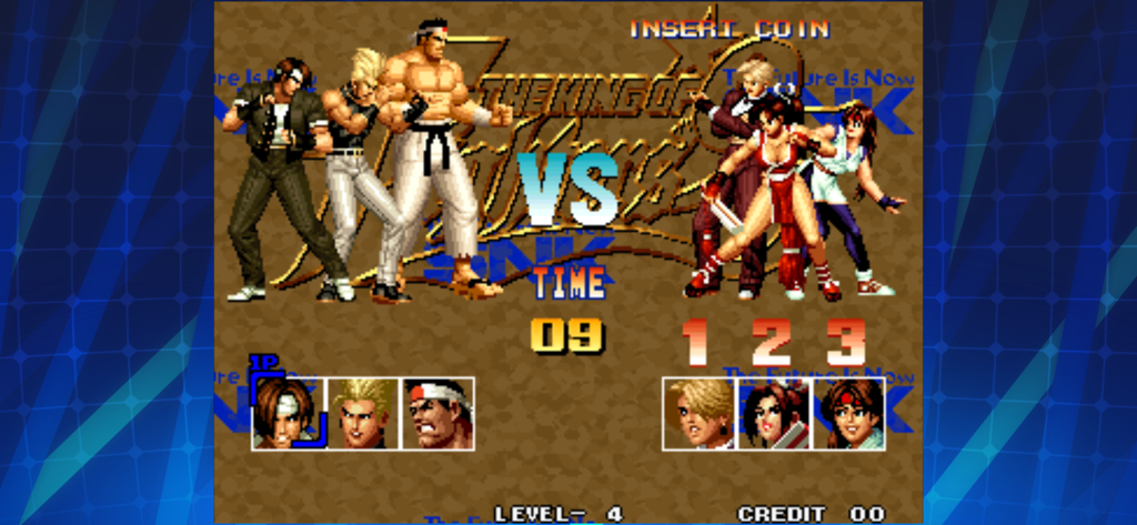 La pantalla de versus de equipo en KOF 95 mostrando al Equipo Japón contra el Equipo de Luchadoras